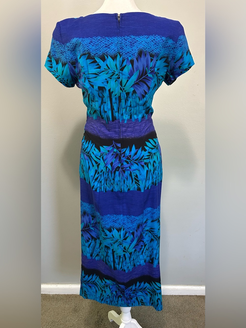 Vintage Island vibes Tropical Blue Teal purple Leaf Print wrap Dress - Picture 5 of 8